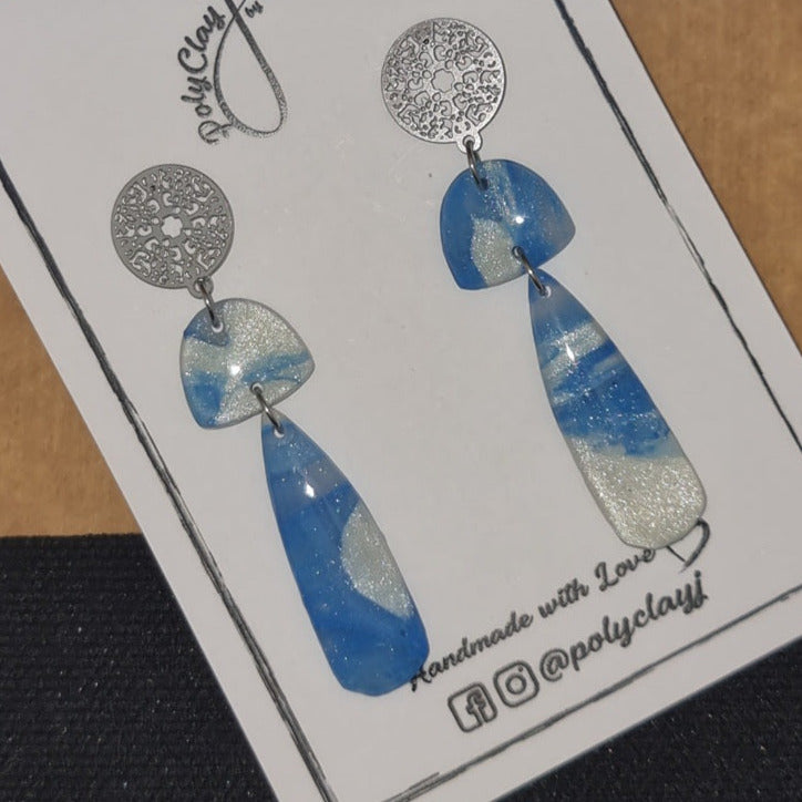 Blue and Pearl White mushroom dangles (Silver)