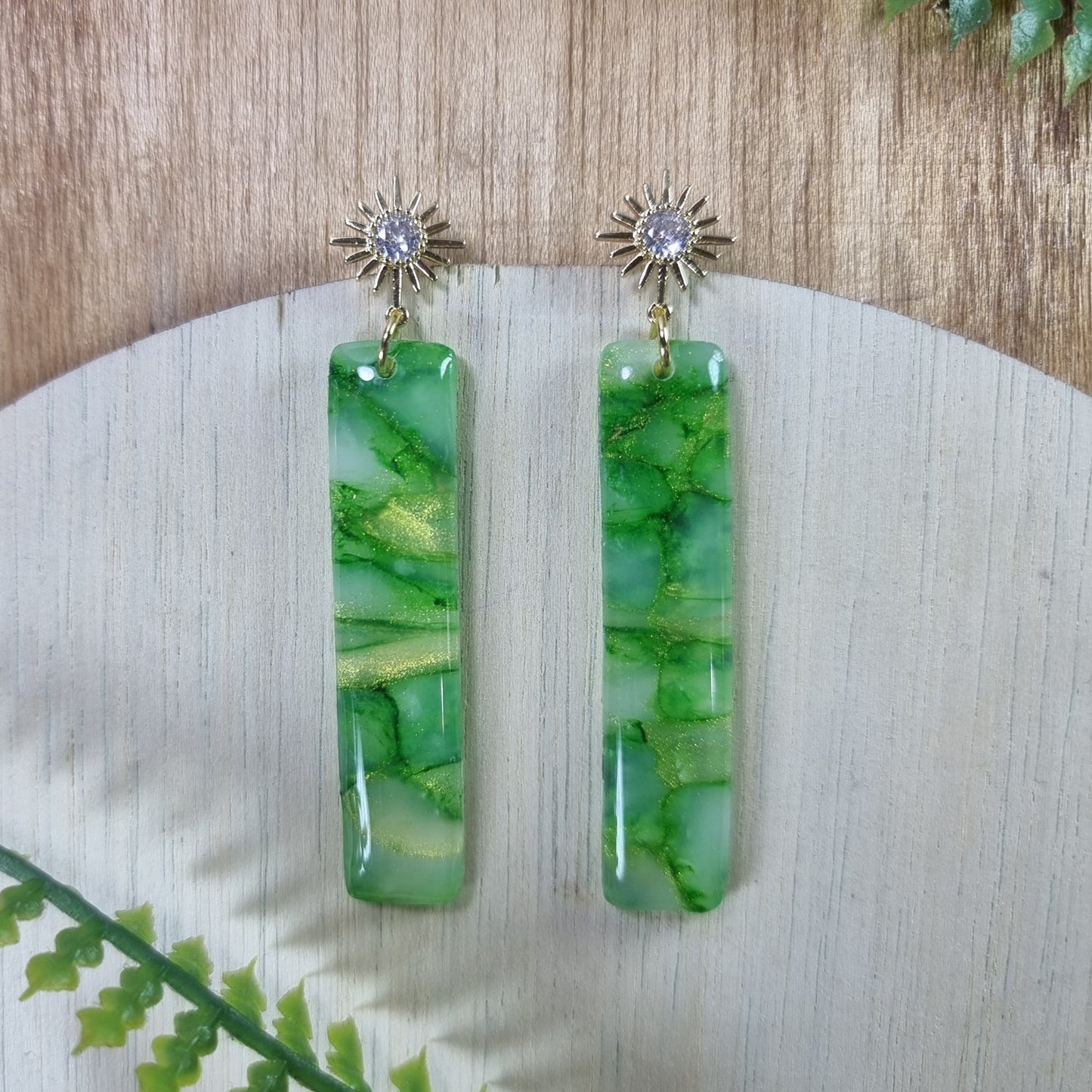 Leaf green and gold long Rectangle dangles with Zircon