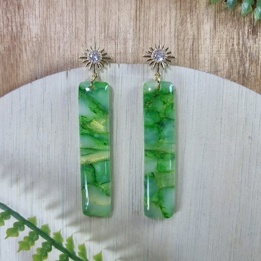 Leaf green and gold long Rectangle dangles with Zircon