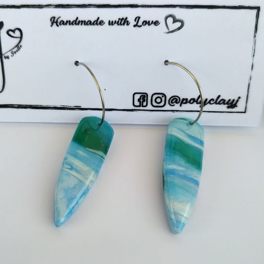 Blue Green and white marble small dagger hoops (Silver)