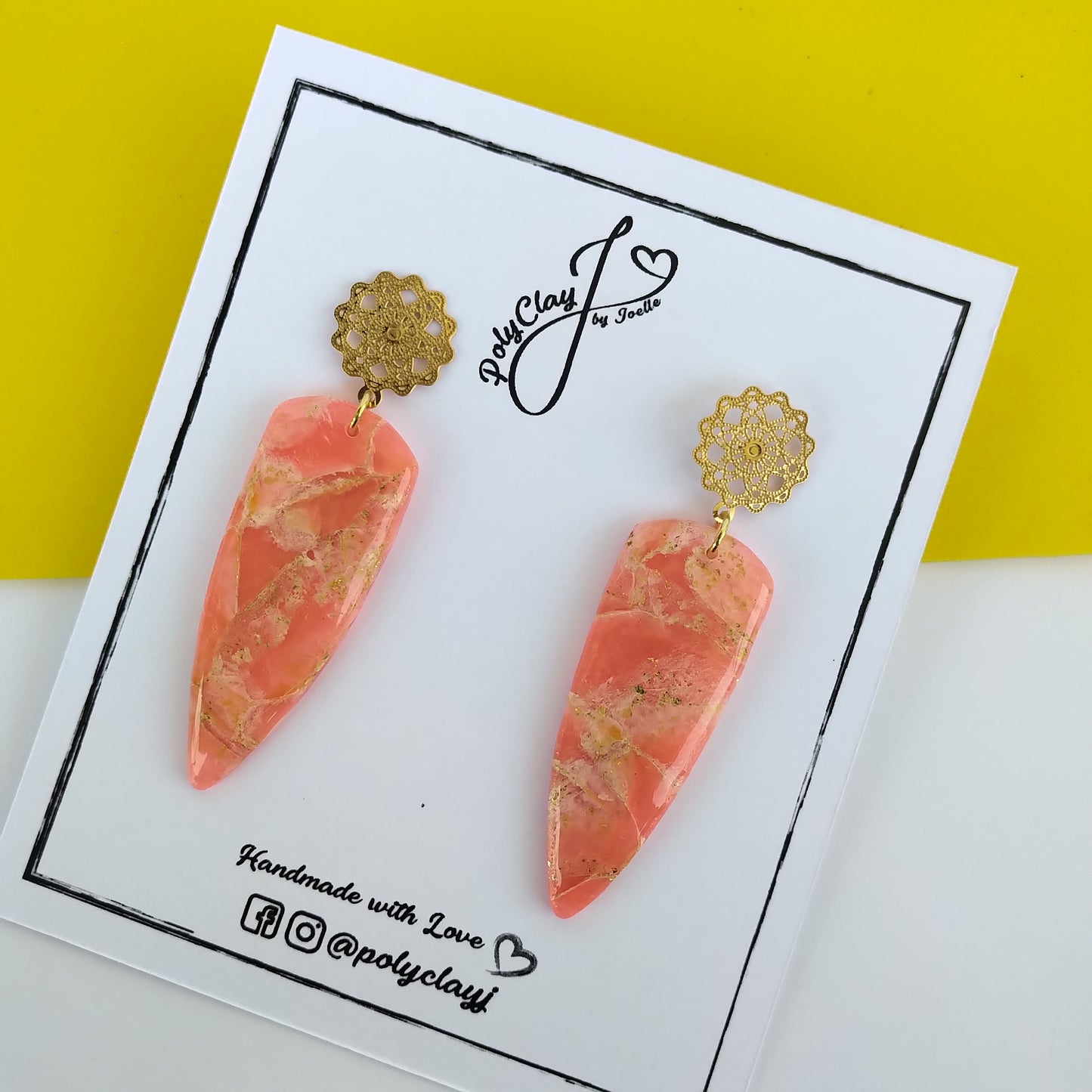 Fiery orange marble long dagger dangles (Gold)