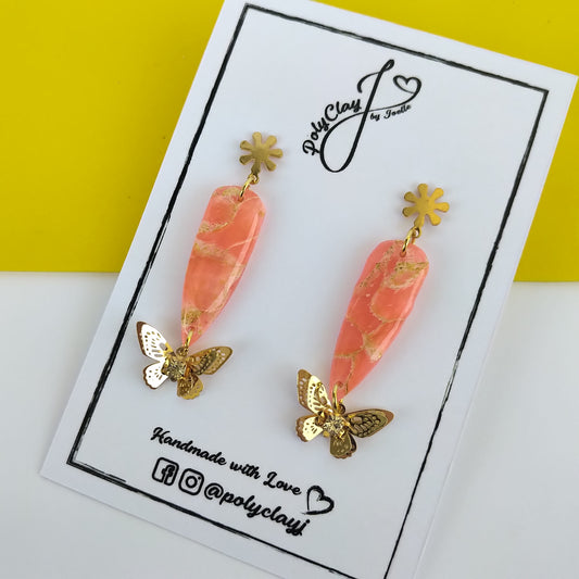 Fiery orange marble small dagger dangles with butterfly pendant (Gold)