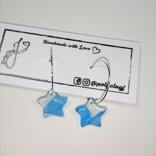 Blue and Pearl White small star hoops (Silver)