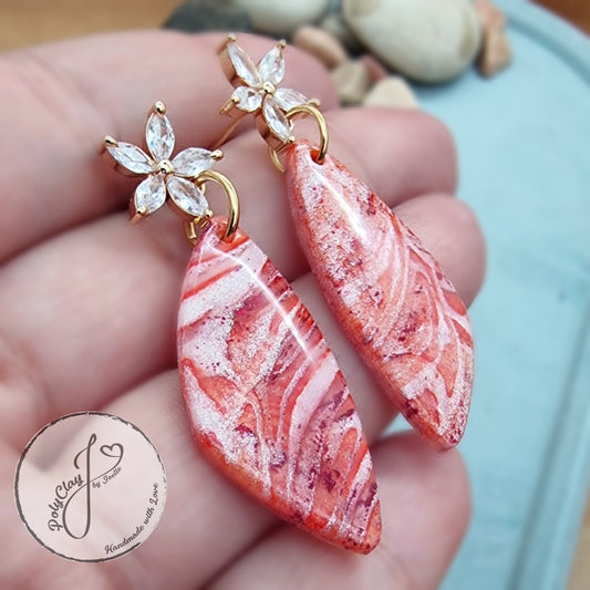 Red, Pearl and red flakes long triangle dangles with Zircon