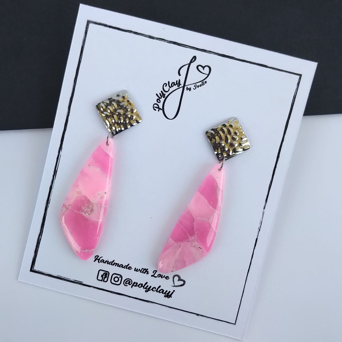 Hot pink marble long skewed triangle dangles (Silver)