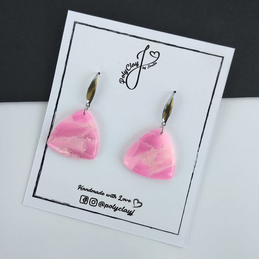 Hot pink marble long rounded triangle dangles (Silver)